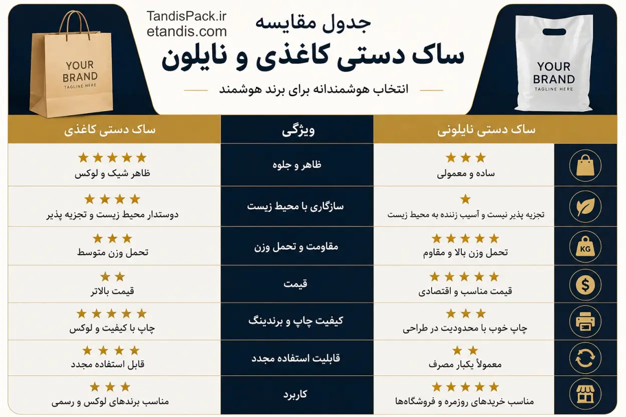 جدول مقایسه نایلون و ساک دستی کاغذی