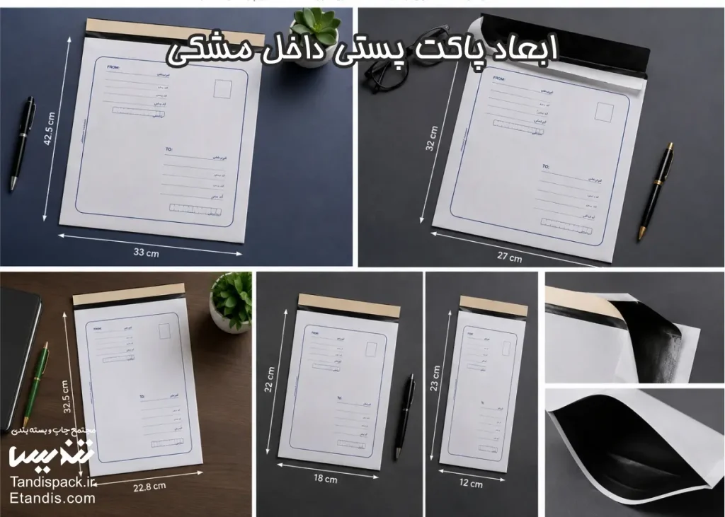 پاکت پستی لمینه مشکی آدرس دار 6 ابعاد پاکت پستی داخل مشکی